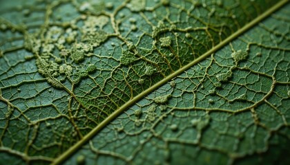 Close-up of a vibrant green leaf revealing intricate natural patterns and organic textures