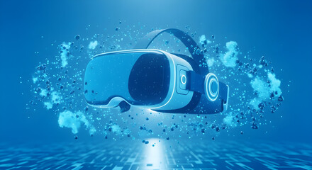 A futuristic virtual reality headset floating amidst blue, abstract particles.