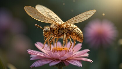A yellow and black winged insect, perhaps a bee or butterfly, in a macro close-up on a summer flower