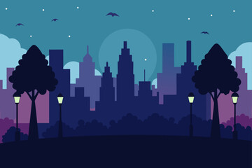 Serene urban park at twilight with silhouetted trees glowing lampposts and a distant city skyline under a starry sky