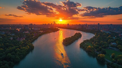 City sunset over winding river