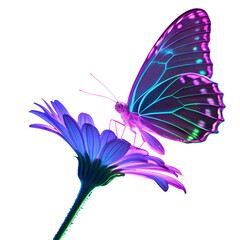 Glamour vibrant neon glow biofluorescent butterfly on iridescent blue-violet flower isolated on transparent background, cutout, clipart, png.