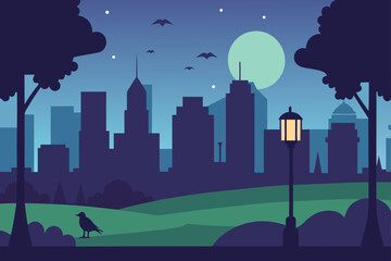 Fototapeta premium Serene urban park at night with a glowing lamppost silhouetted cityscape and a solitary bird beneath a large pale moon