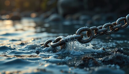 A heavy, rusty anchor chain with strong metal links lies on the beach, symbolizing security and power