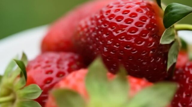 Fresh Strawberries Close-up, Green Background, Bowl, Food Photography