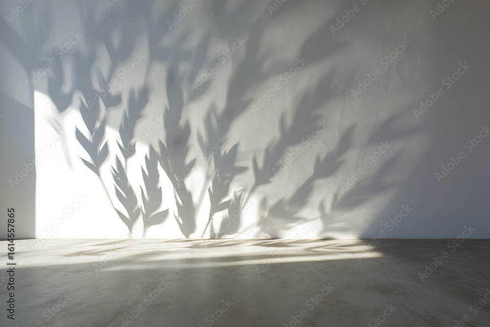Poster abstract shadows of leaves cast on a white wall and floor from a bright light source creating a natu