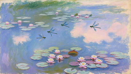 Colorful dragonflies dance over tranquil lily pond at sunset
