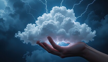 Hand holding a cloud against the blue sky, symbolizing the concept of cloud computing