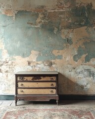 Ancient vintage classic dresser placed near a dilapidated wall, showcasing retro grunge home interior design for an aged living room, Generative AI