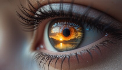 Close-up macro of a beautiful woman's blue eye, showcasing the intricate iris, long eyelashes, and pupil, perfect for abstract vision and beauty concepts