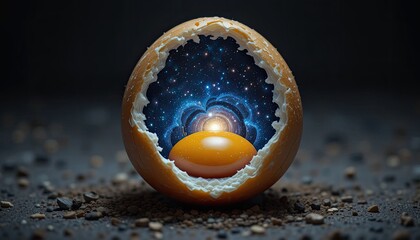 Egg on black background with a bright orange reflection, like a sun, and a subtle spherical design