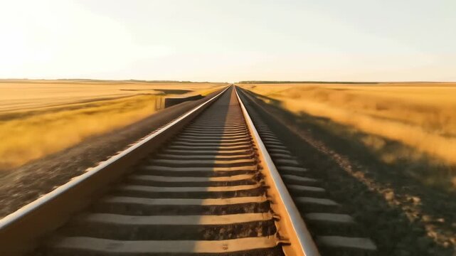 Scenic railroad tracks stretch to horizon through vast landscape at golden hour, peaceful travel concept, railway, rails, horizon, landscape, field, sky, transportation