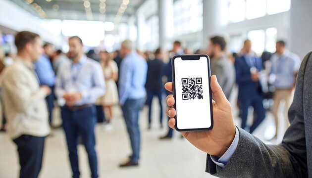 Business person holding phone with QR code at a convention
