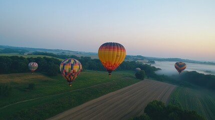 Colorful hot air balloons over a scenic landscape at dawn