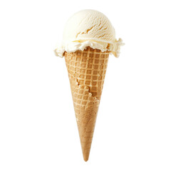 Vanilla ice cream in a waffle cone.  A single scoop of creamy vanilla ice cream atop a waffle cone