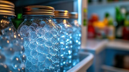 Clear glass jars filled with ice spheres in a refrigerator