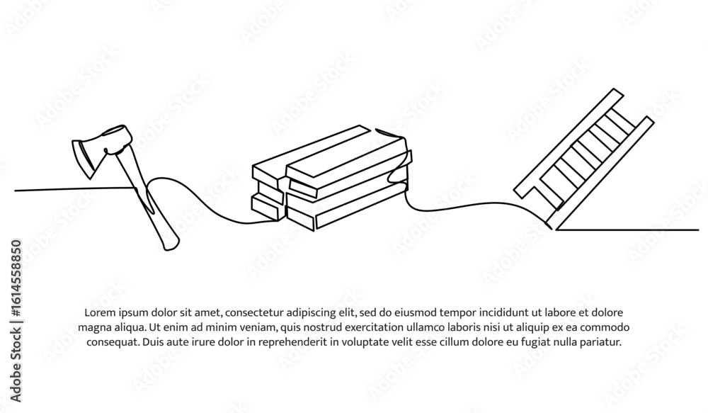 Poster continuous line design of making stair using wooden plank. single line decorative element drawn on w