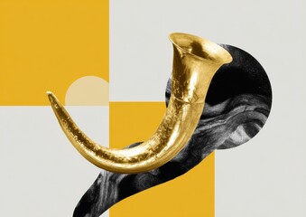 Rosh Hashanah Golden Shofar Horn Bauhaus Black and White Poster Premium Jewish New Year Fall Authentic Modern Design for Social Media Advertising Campaigns