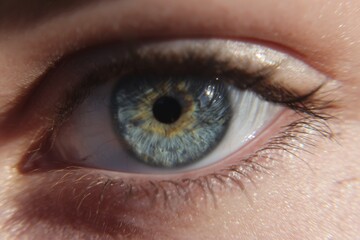 Close up of a woman’s blue eye with green and orange flecks. Detail of human vision concept. Macro photography for optical health.