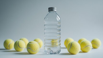 Clear water bottle surrounded by tennis balls