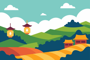 Serene asian landscape with pagoda lanterns and traditional buildings amidst rolling green hills and cultivated fields under a cloudy sky