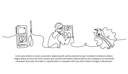 Continuous line design of electrical repairs. Single line decorative element drawn on white.