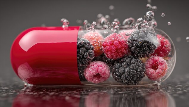 Red pill capsule filled with fresh berries and water droplets