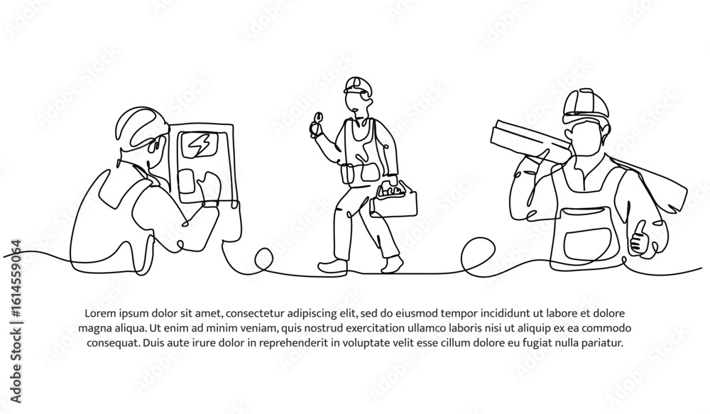 Poster continuous line design of construction worker. single line decorative element drawn on white.
