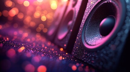 Close-up audio speakers on glittery surface, vibrant bokeh