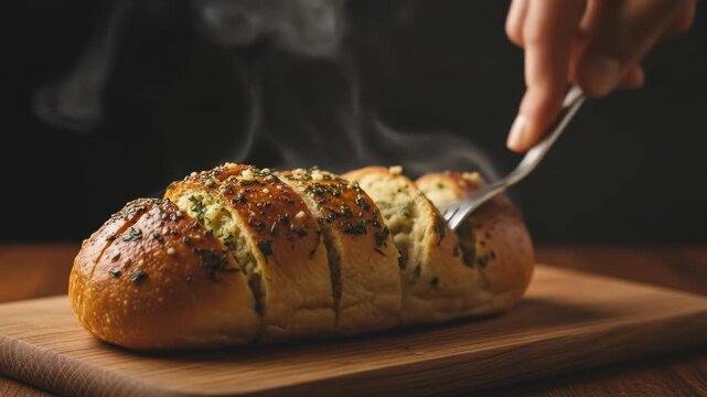 Close-up of steaming hot garlic bread with herbs on wooden cutting board.
