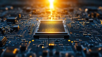 Close-up circuit board with central processor