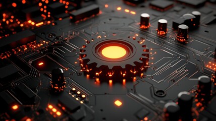 Close-up circuit board with glowing gear