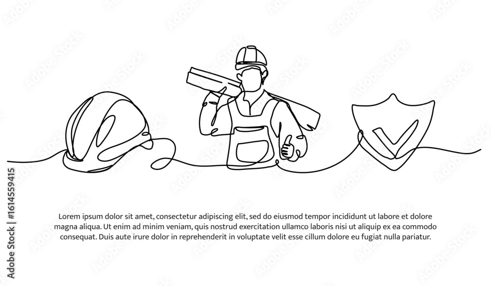 Poster continuous line design of construction worker safety. single line decorative element drawn on white.