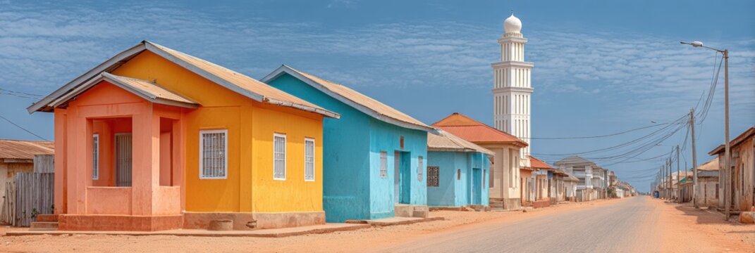 Benin Independence Day Urban Scene in Porto Novo with Colorful Architecture and Mosque, Premium Summer Celebration for Young Professionals Marketing Campaigns