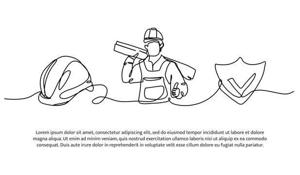 Continuous line design of construction worker safety. Single line decorative element drawn on white.