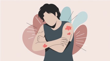Illustration of a person with skin lesions, possibly discomfort.