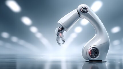 Futuristic robotic arm with glowing joint in a high-tech environment, symbolizing automation, innovation, artificial intelligence, and advanced robotics.