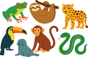 Vector art of a vibrant assortment of jungle animals featuring a frog, sloth, leopard, toucan, monkey, and snake isolated on transparent background