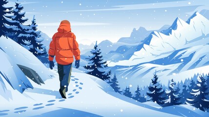 Winter hiker traverses snowy mountain landscape.