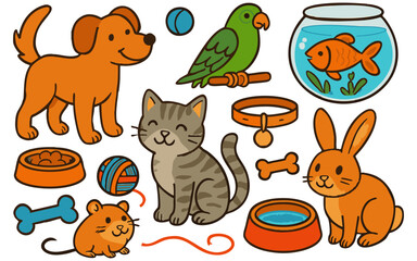 Vector art of a cheerful assortment of cute cartoon pets including a dog, cat, rabbit, hamster, parrot, and fish with accessories isolated on transparent background