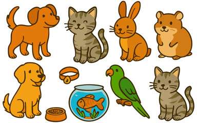 Vector art of a collection of cute cartoon pets including dogs, cats, a rabbit, hamster, and parrot isolated on transparent background