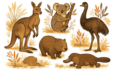 Vector art of a diverse collection of australian animals including a kangaroo, koala, wombat, emu, and platypus in their natural habitat isolated on transparent background