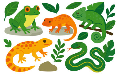 Vector art of a lively assortment of colorful reptiles and amphibians like frogs, geckos, a chameleon, and a snake isolated on transparent background