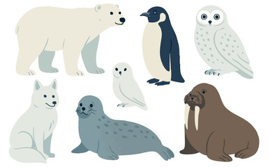 Vector art of a charming collection of arctic animals including a polar bear, penguin, snowy owl, arctic fox, seal, and walrus isolated on transparent background