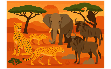 Vector art of a captivating savanna scene featuring cheetahs, an elephant, wildebeest, and a vulture under a warm sunset isolated on transparent background