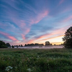 Soft orange light in the morning sky with mist on a flower fields