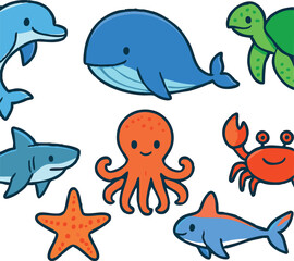 Vector art of a collection of cute cartoon sea creatures including a dolphin, whale, turtle, shark, octopus, starfish, crab, and fish isolated on transparent background