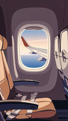 An empty airplane window seat with a view of the wing and calm sky outside, minimal and clean interior, concept of travel