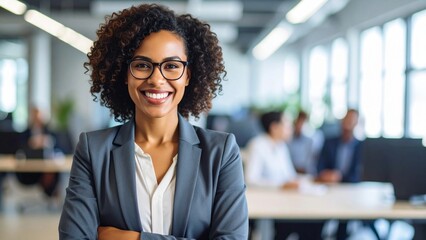Confident African American Businesswoman Smiling in Modern Office Workspace