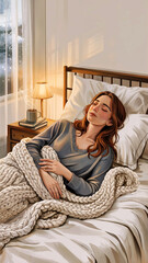 A woman rests on a rug under a blanket, eyes closed, concept of relaxation